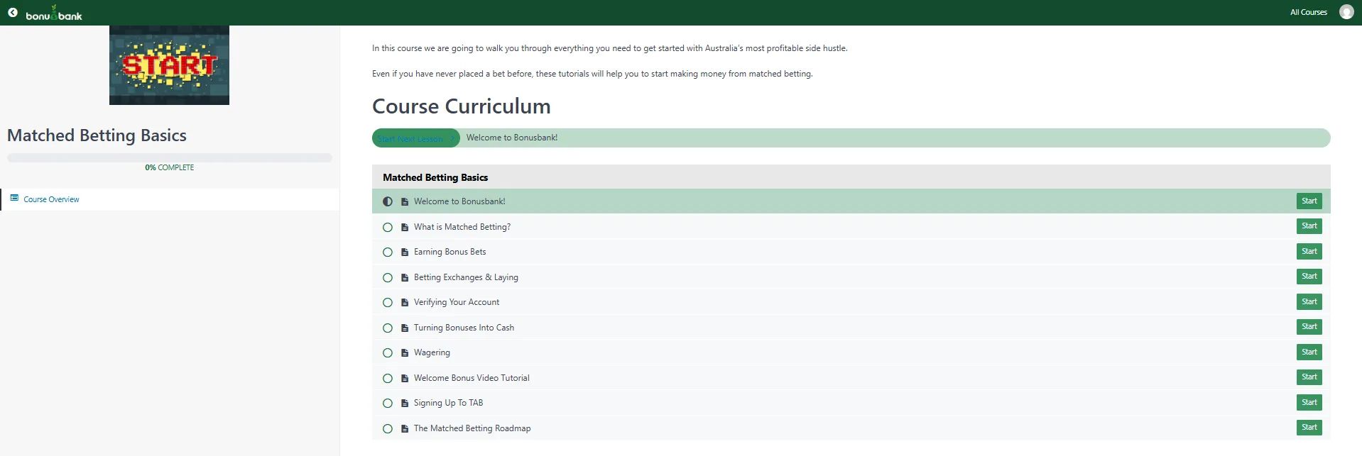 Bonusbank matched betting basics course curriculum showing beginner lessons