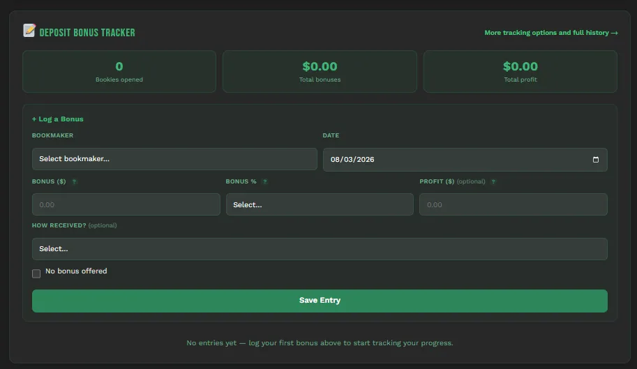 Bonusbank Deposit Bonus Tracker showing bookmaker bonus logging