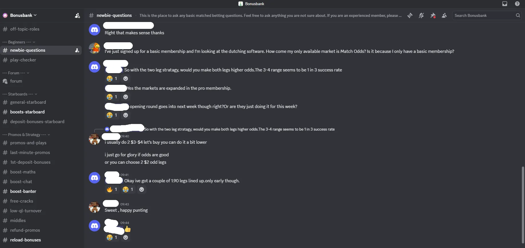 Bonusbank Discord newbie questions channel showing helpful community responses