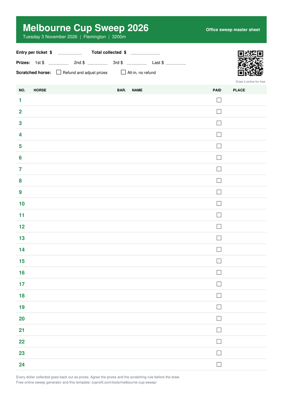 Melbourne Cup sweep template 2026: printable A4 master sheet with 24 numbered rows, prize boxes and paid column