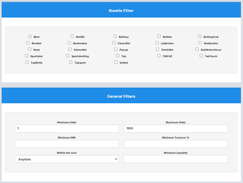 Filters available in the Bonus Money oddsmatcher