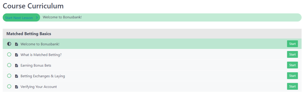 Example curriculum from the free Matched Betting Basics course